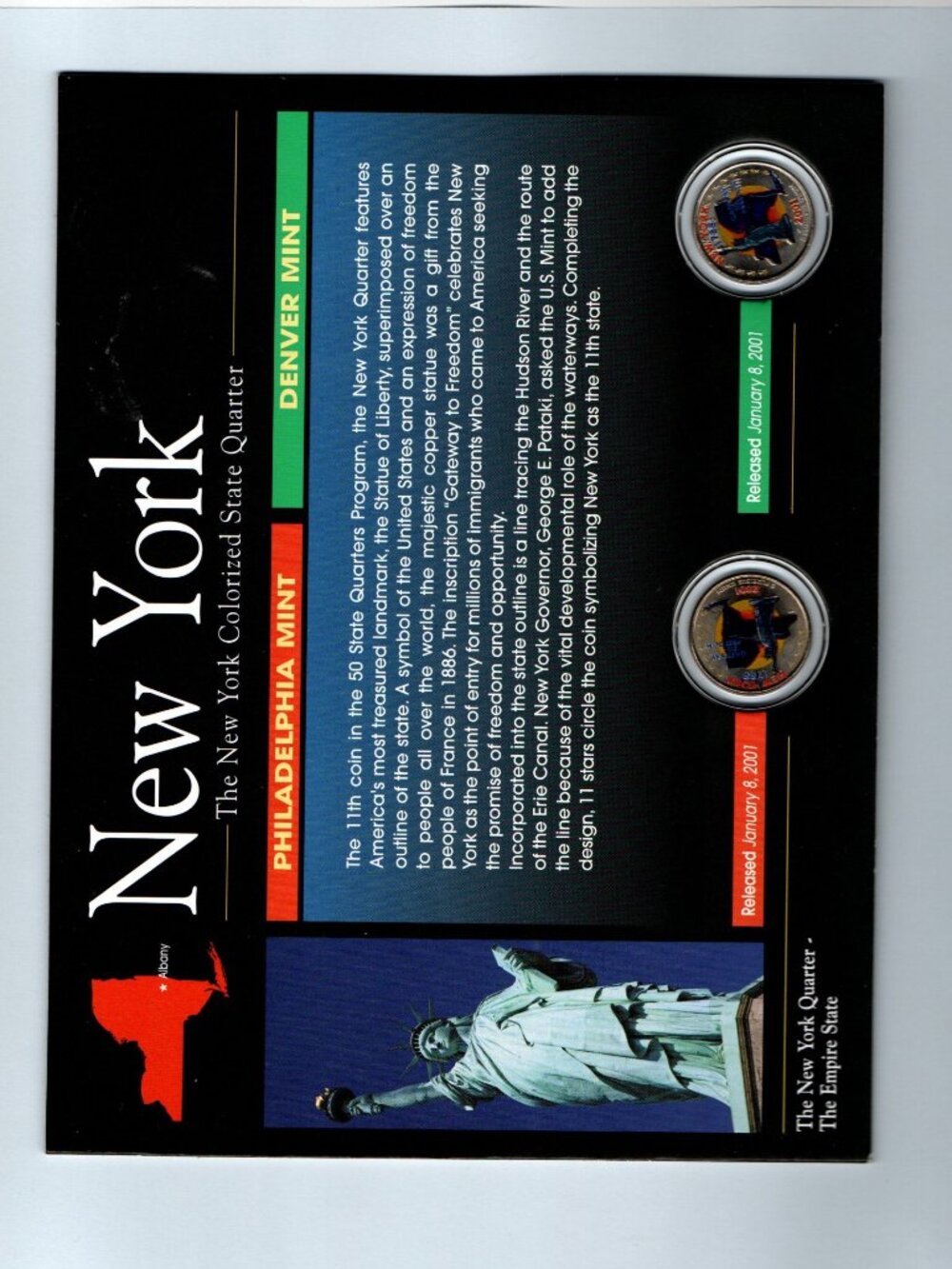 2001-P&D New York Colorized Quarter Set... AMERICAN HISTORIC SOCIETY... COA